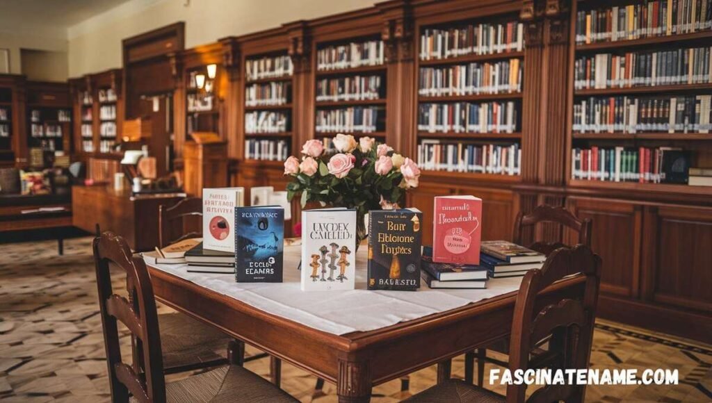 A cozy library table stacked with various books, inviting readers to explore new stories and knowledge.