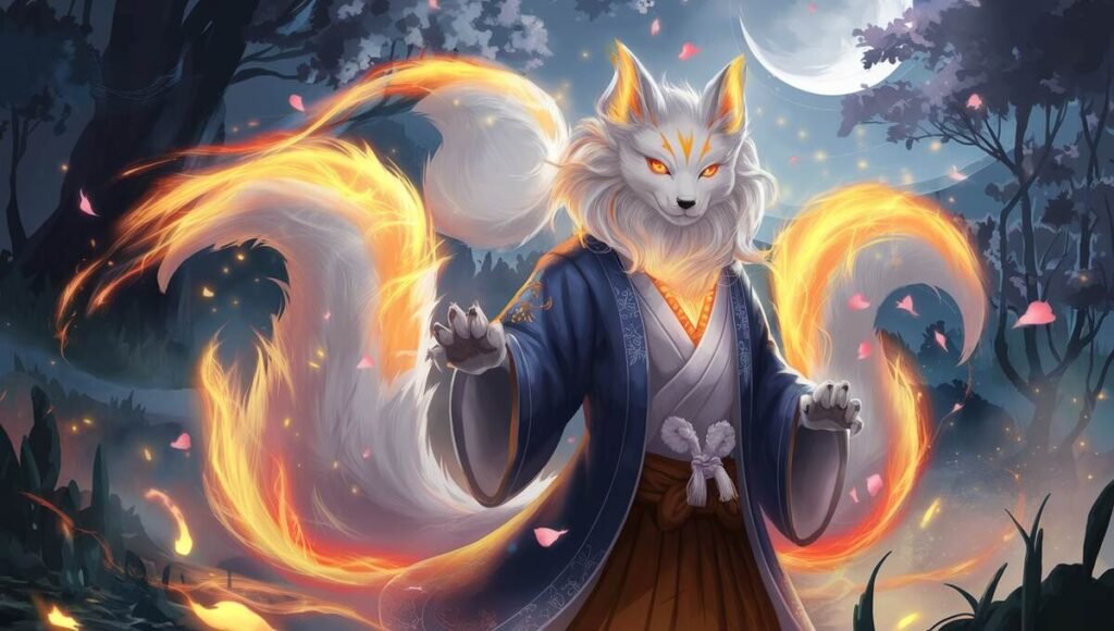 Anime character Kitsune wielding flames in his hands, showcasing a fierce and powerful expression.