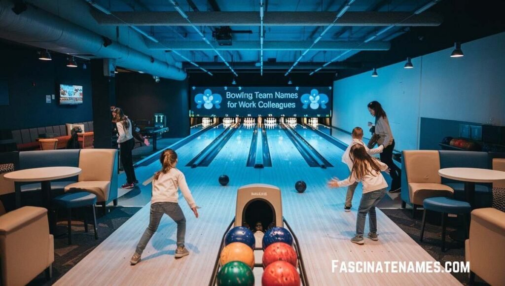 A lively bowling alley filled with people enjoying their game on the lanes, laughter and excitement in the air.