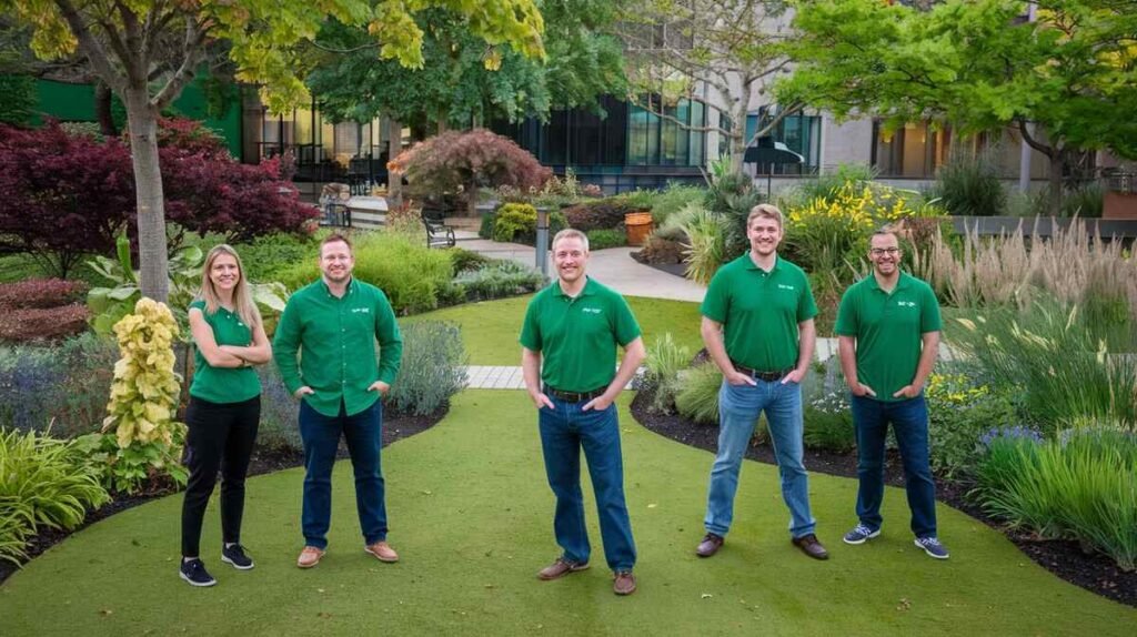 A cheerful team stands together at the garden center, surrounded by vibrant plants and flowers, ready to help customers.