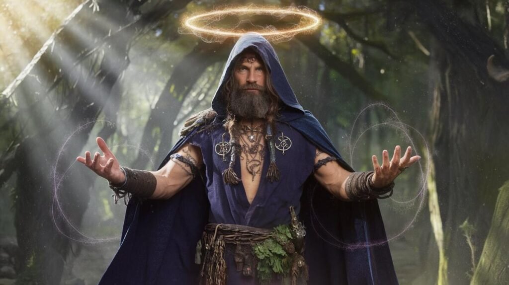 A bearded man with a halo stands in the woods, embodying the spirit of a druid amidst the trees.
