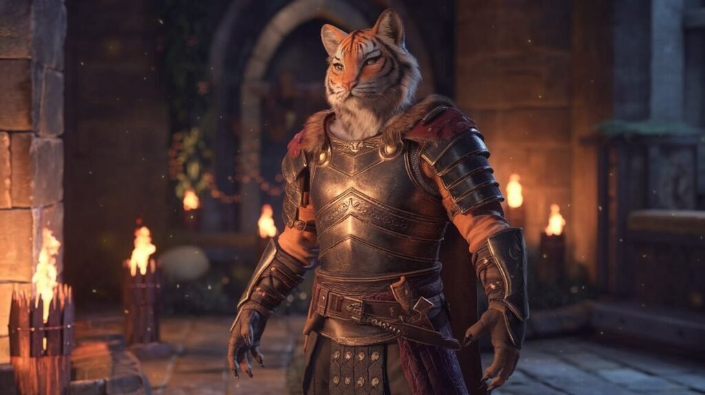 A Khajiit character from The Elder Scrolls Online, exploring a vibrant landscape inspired by The Witcher 3.