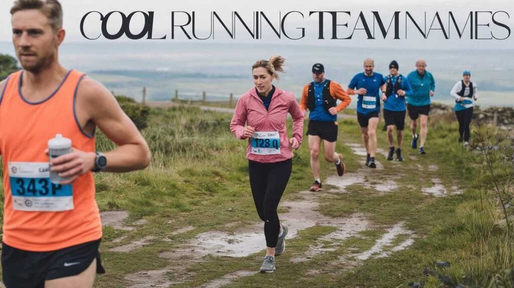 A lively running team waves enthusiastically, showcasing their camaraderie and energy during a fun outdoor event.