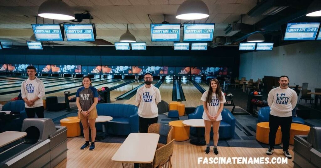 A collection of classic and timeless bowling team names displayed creatively on a colorful background.