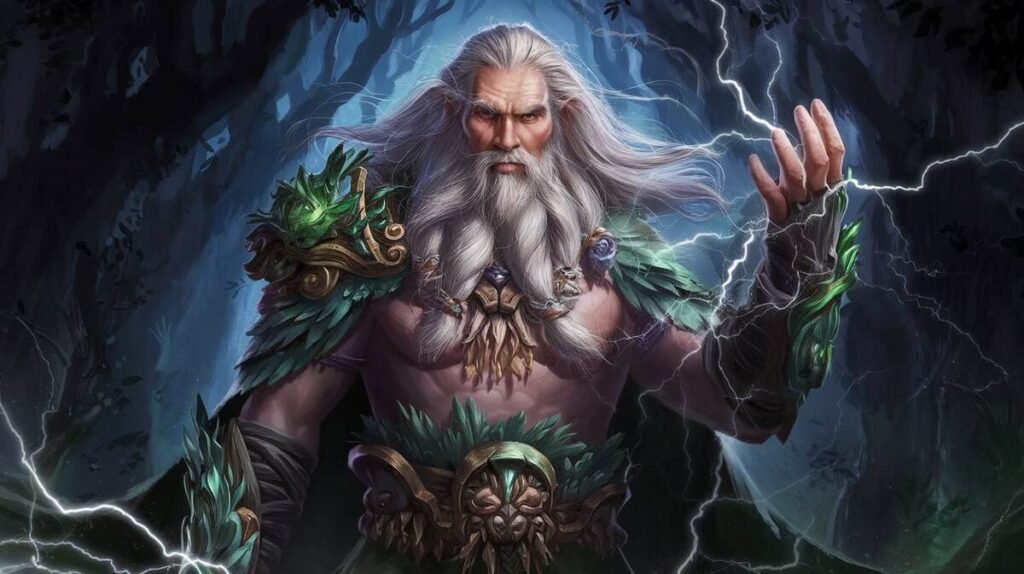 A druid with long white hair and a green beard, embodying nature's spirit and wisdom in a mystical setting.