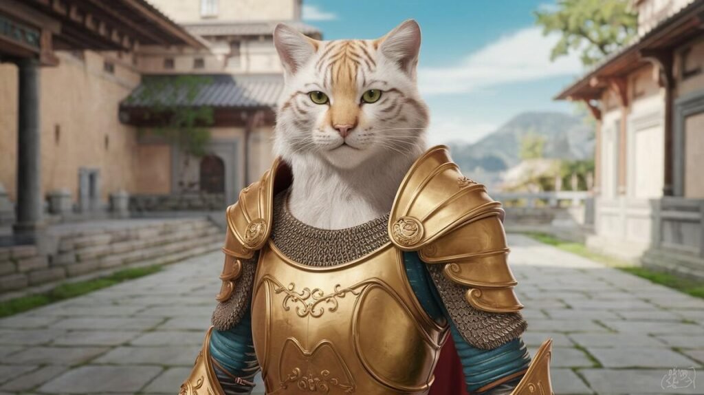 A brave white cat in shiny armor stands confidently on a city street, ready for adventure.