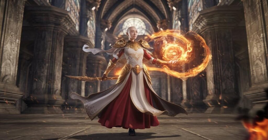 A woman in a white dress, resembling a monk, holds a glowing fireball in her hands, radiating warmth and energy.