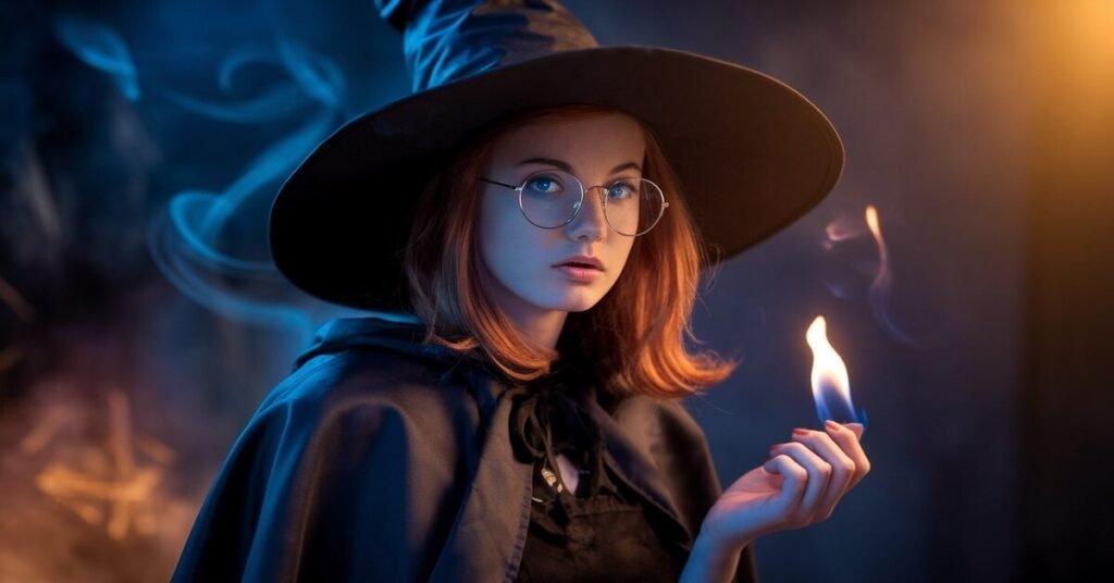 A young woman in a wizard hat and glasses, holding a lit fire, exuding a magical and enchanting vibe.