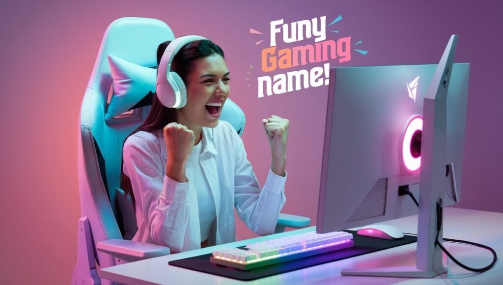 A woman wearing headphones sits at a computer, focused on gaming, with the phrase "fun gaming name" displayed on the screen.