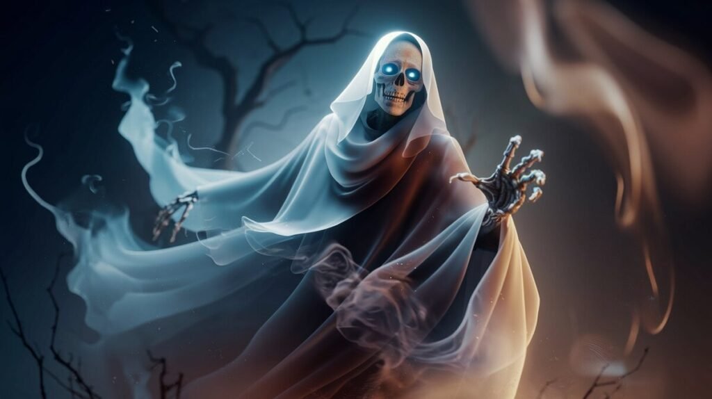 A spooky ghost with glowing eyes peeks out from under a dark hood, creating an eerie atmosphere.