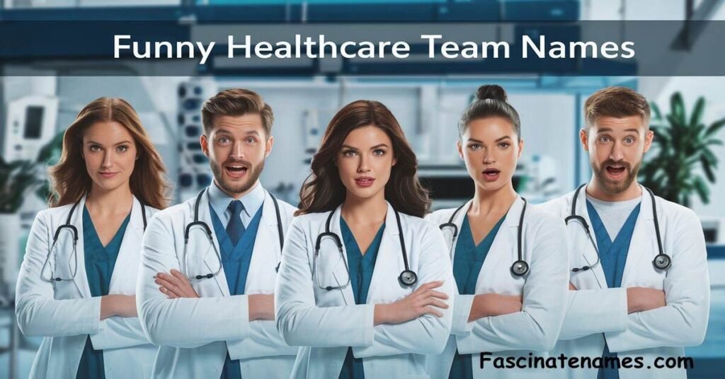 A collage of creative and humorous healthcare team name displayed on colorful backgrounds, showcasing team spirit and fun.