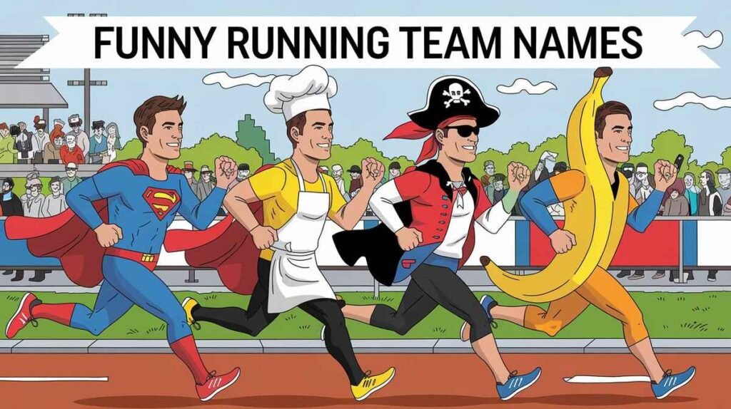 A collage of humorous team for a running race, showcasing creativity and fun in athletic competition.
