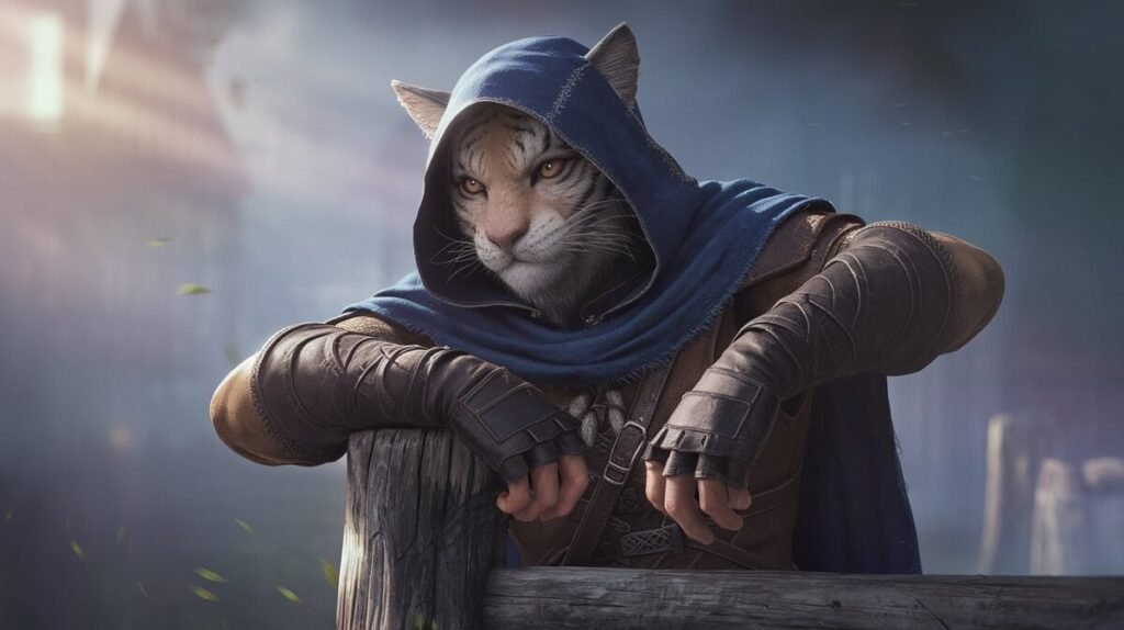 A khajiit cat in a cozy hoodie leans casually against a wooden fence, looking relaxed and stylish.