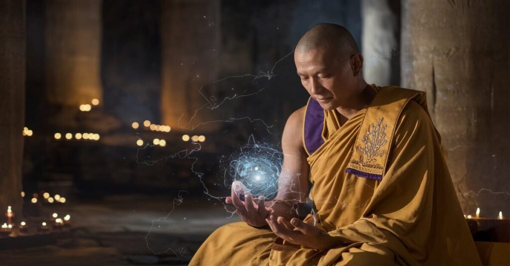 A serene monk cradles a glowing orb in his hands, radiating a soft, mystical light.