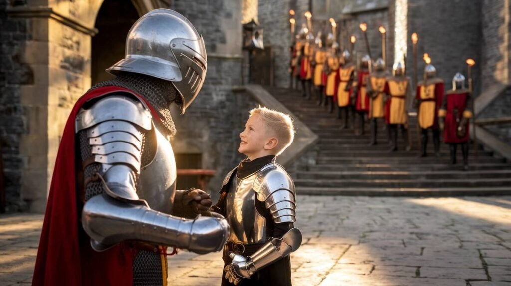 A young boy in shiny armor chats excitedly with a noble knight, both sharing a moment of adventure and inspiration.