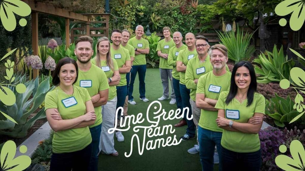 A group of diverse team members brainstorming creative for their green-themed team, smiling and engaged in discussion.