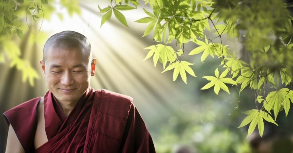 A smiling monk in a vibrant red robe, radiating warmth and positivity.