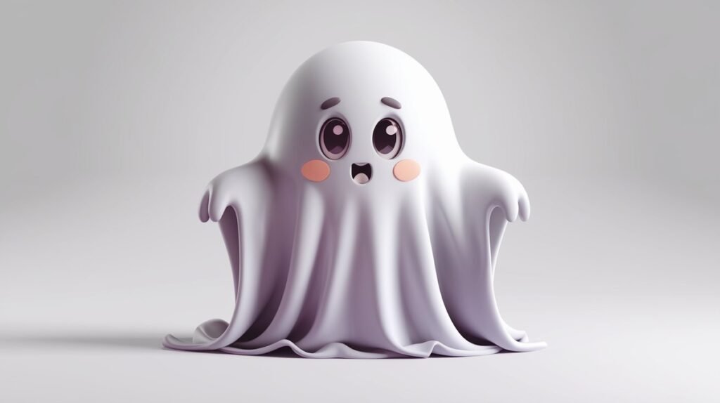 A cheerful cartoon ghost grinning widely, bringing a fun and friendly vibe to the scene.