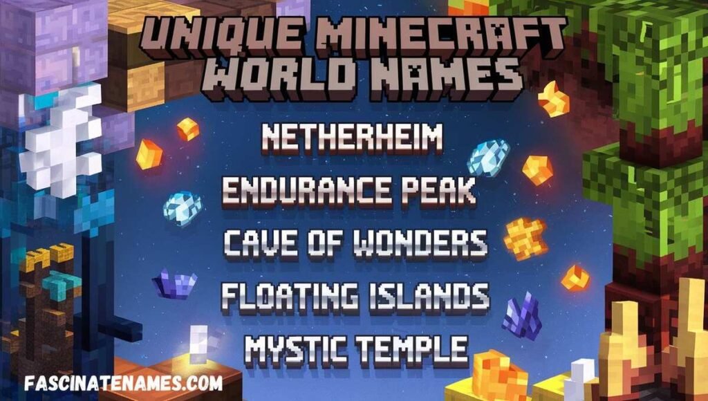 Screenshot showcasing various Minecraft world names in a colorful, blocky interface.