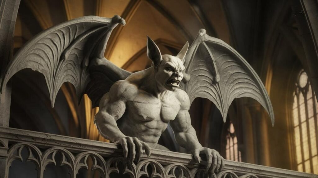 A close-up of intricate gargoyles perched on a gothic building, showcasing their detailed stone carvings and eerie expressions.