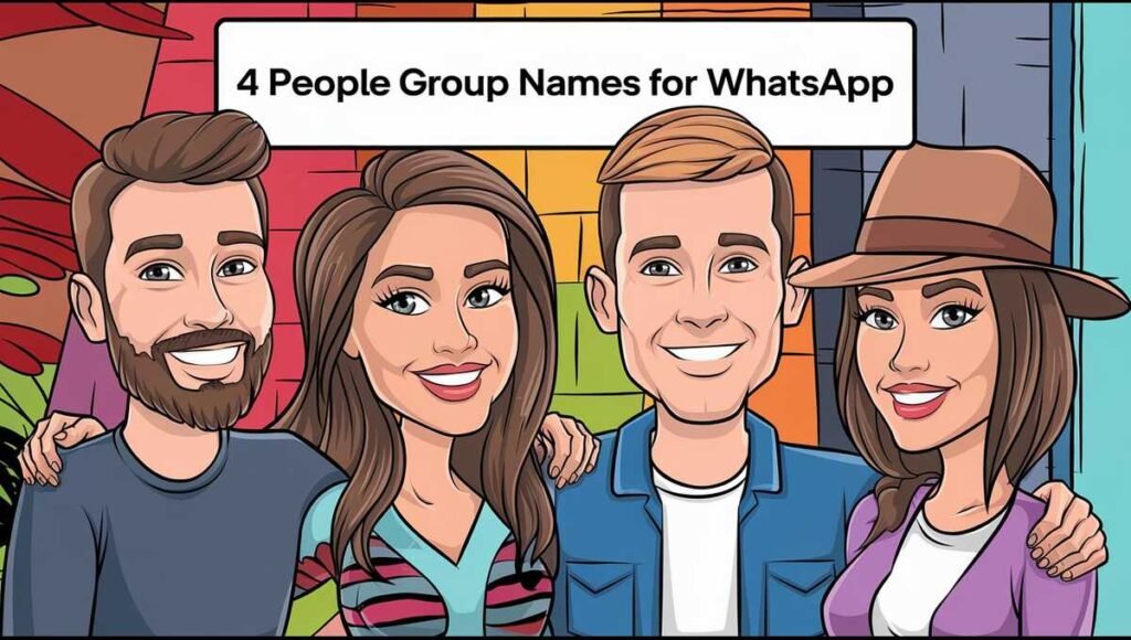 Four individuals brainstorming creative group names for a WhatsApp chat, showcasing collaboration and fun ideas.