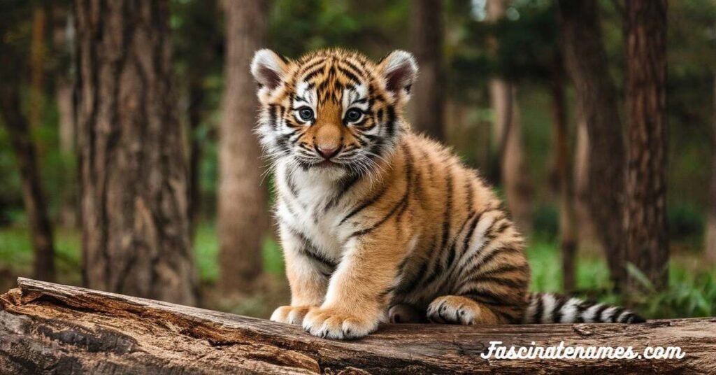 A tiger cub perched on a log, surrounded by lush greenery in a serene woodland setting.