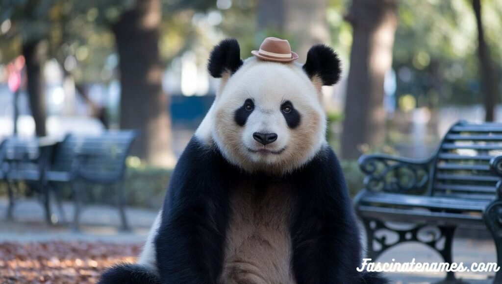 A cute panda bear in a hat relaxing on a bench, enjoying a peaceful moment in the park.
