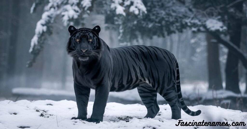 A striking black tiger gracefully prowls through a snowy landscape, showcasing its unique fur against the white backdrop.
