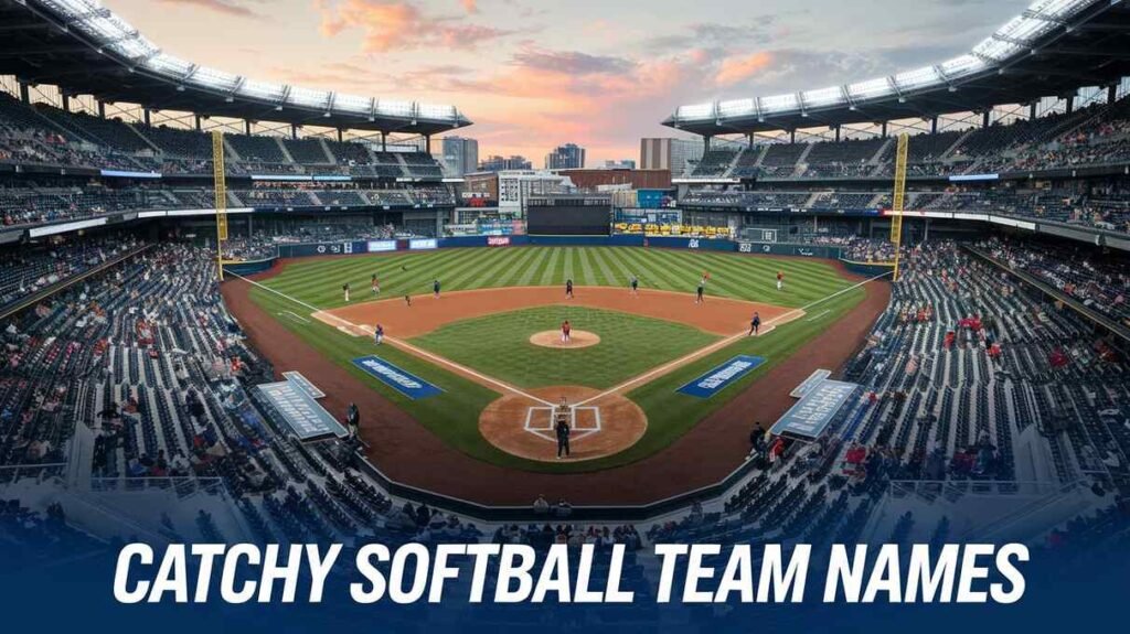 A vibrant baseball stadium featuring a banner displaying catchy softball team names in bold letters.