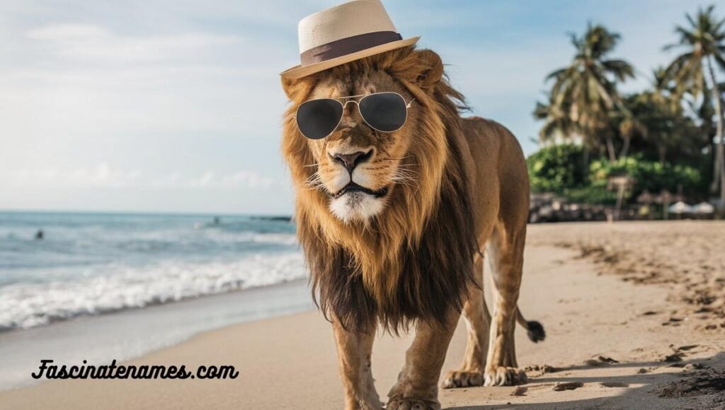 A stylish lion sporting sunglasses and a hat, chilling on the beach with a laid-back attitude.
