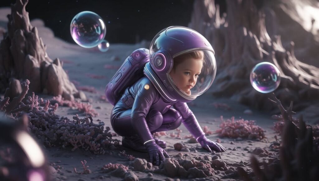 A child in a purple suit sits on the ground, surrounded by colorful bubbles floating in the air.