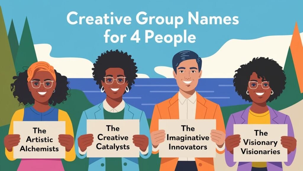 A brainstorming session with four individuals discussing creative group names, showcasing collaboration and teamwork.