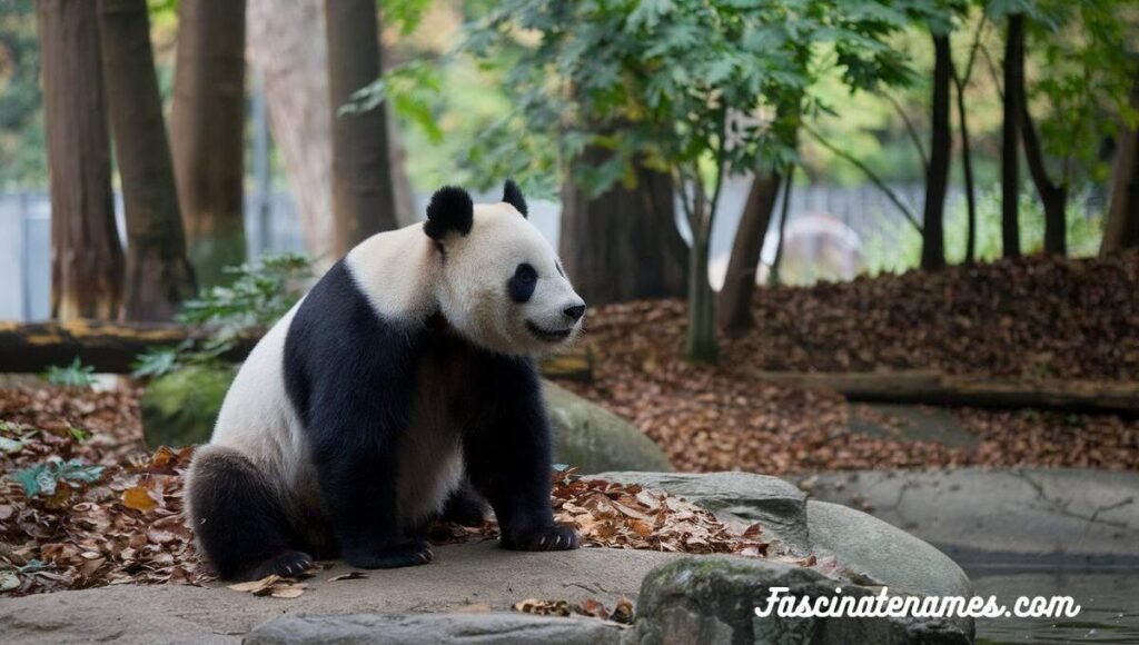 A panda bear relaxing on a rock surrounded by lush greenery in a serene forest setting.