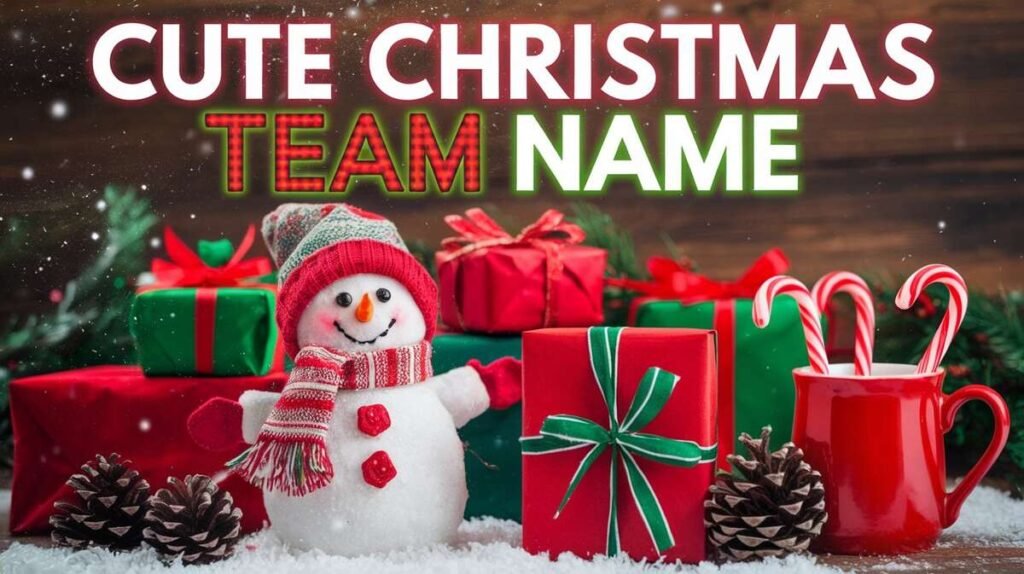 A creative design showcasing a cute Christmas team name, embellished with festive elements like snowflakes and ornaments.