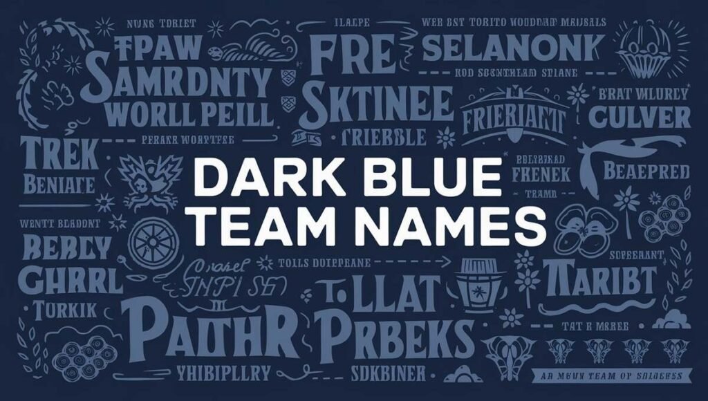A graphic showcasing various dark blue team names in bold typography against a contrasting background.