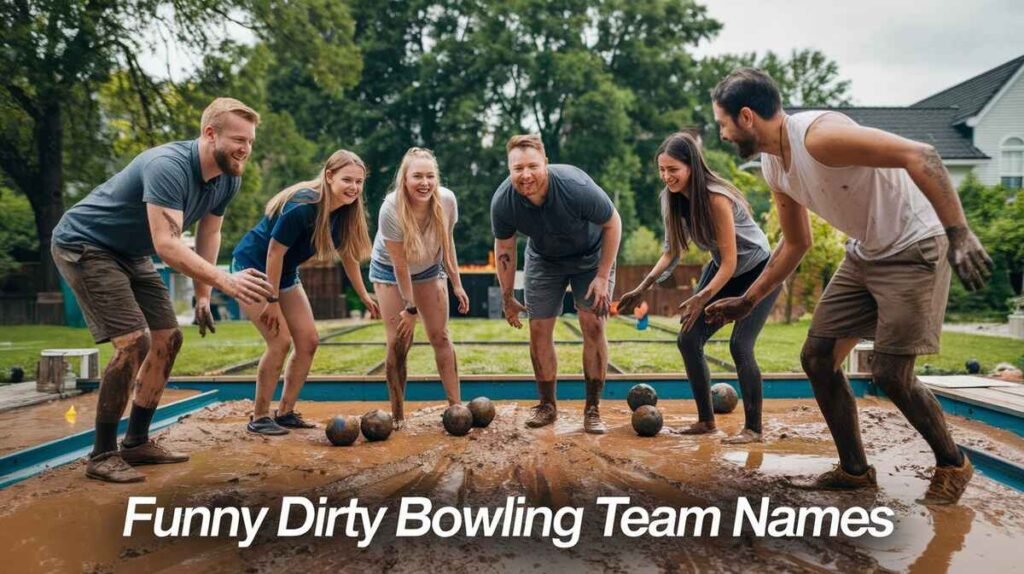 A vibrant graphic showcasing a variety of funny and risqué names for bowling teams, designed to entertain.