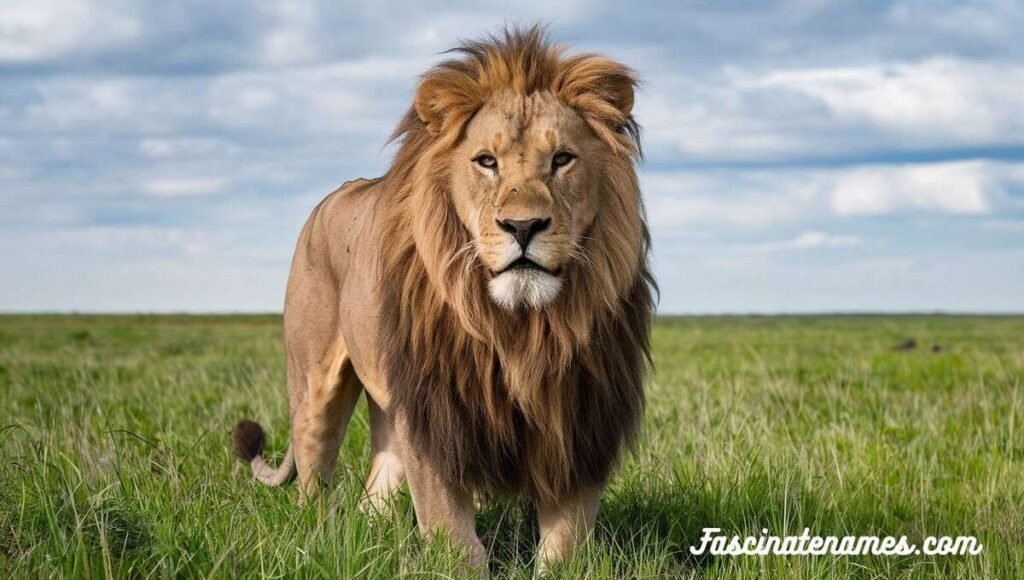 A lion strides confidently through tall grass, showcasing its majestic presence in the wild.