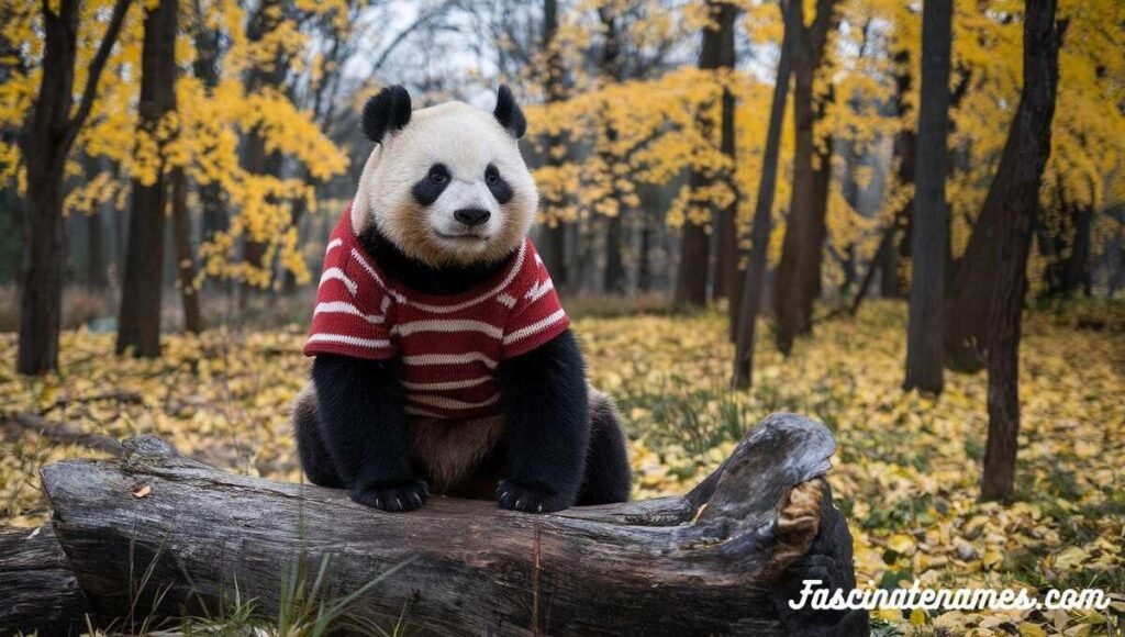 A playful panda wearing a bright red shirt sits comfortably on a log, enjoying its surroundings in the forest.