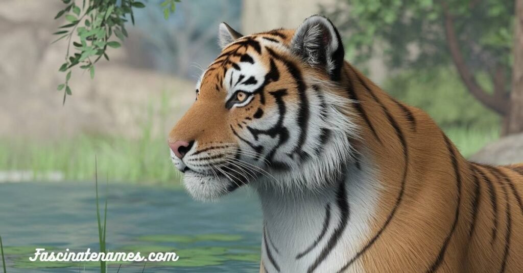 A tiger stands majestically by a serene pond, reflecting its powerful presence in the tranquil water.