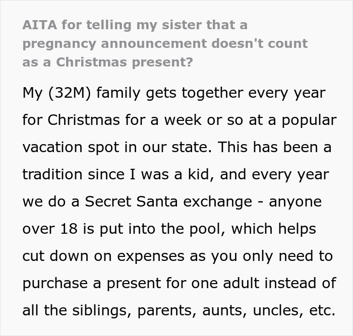 Man Sparks Family Feud After Telling Sister A Pregnancy Announcement Isn’t A Christmas Present