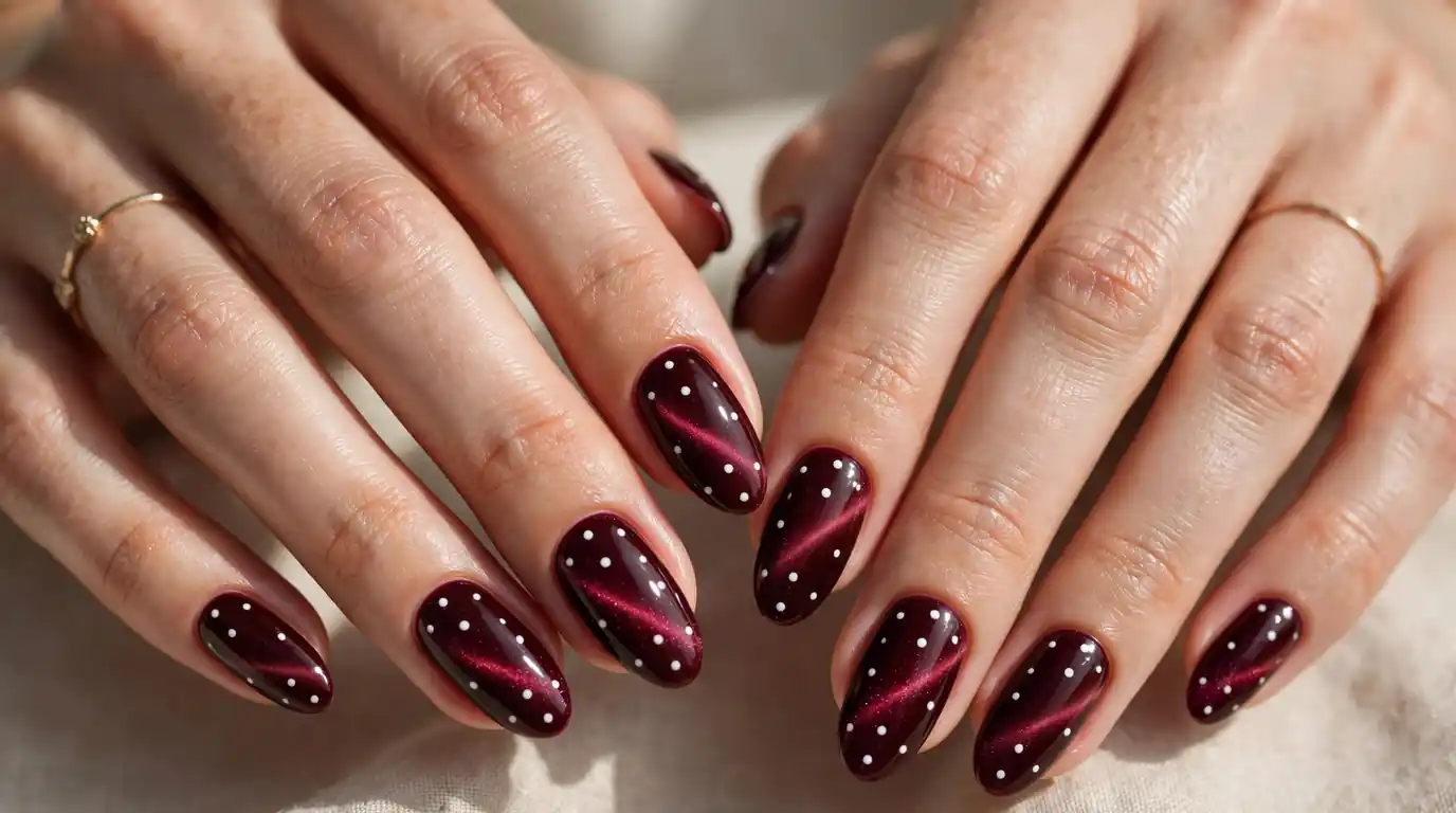 Polka dot cat eye nails in deep burgundy with a velvet magnetic shine and neat white dots