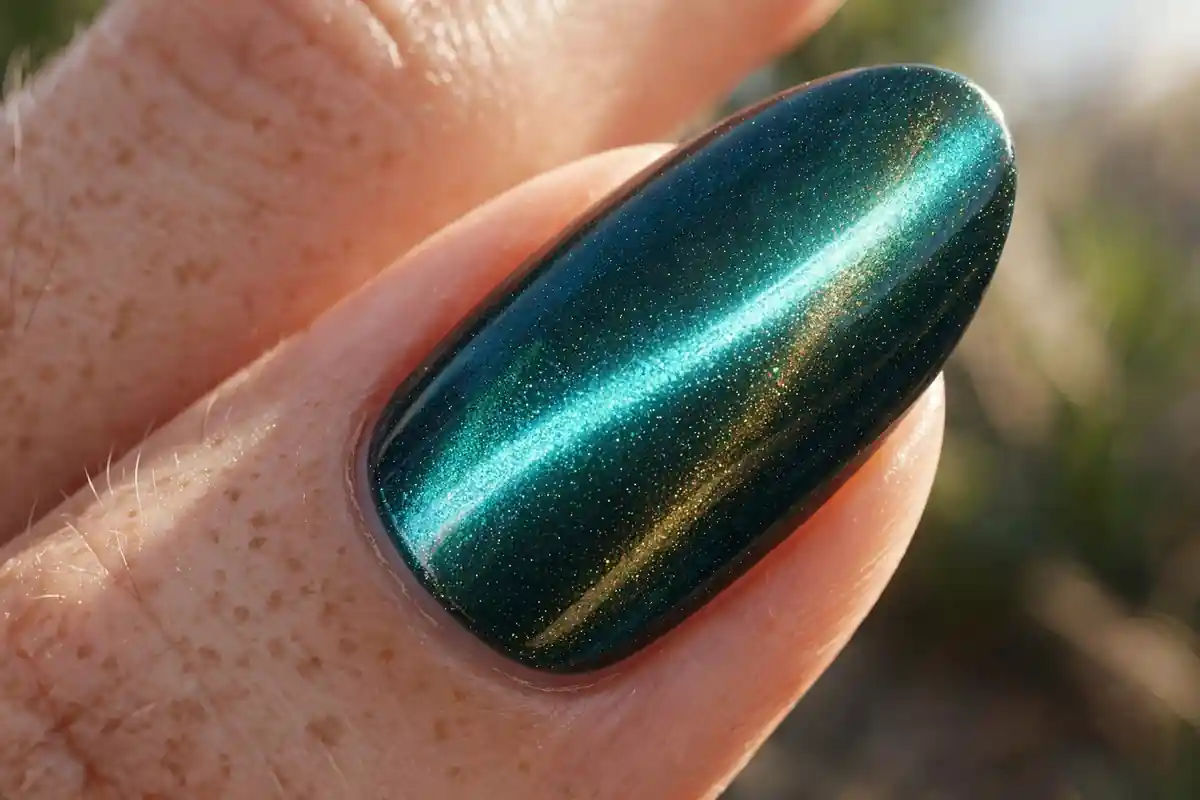 Close-up of magnetic cat eye polish showing the light band moving across the nail as the hand tilts