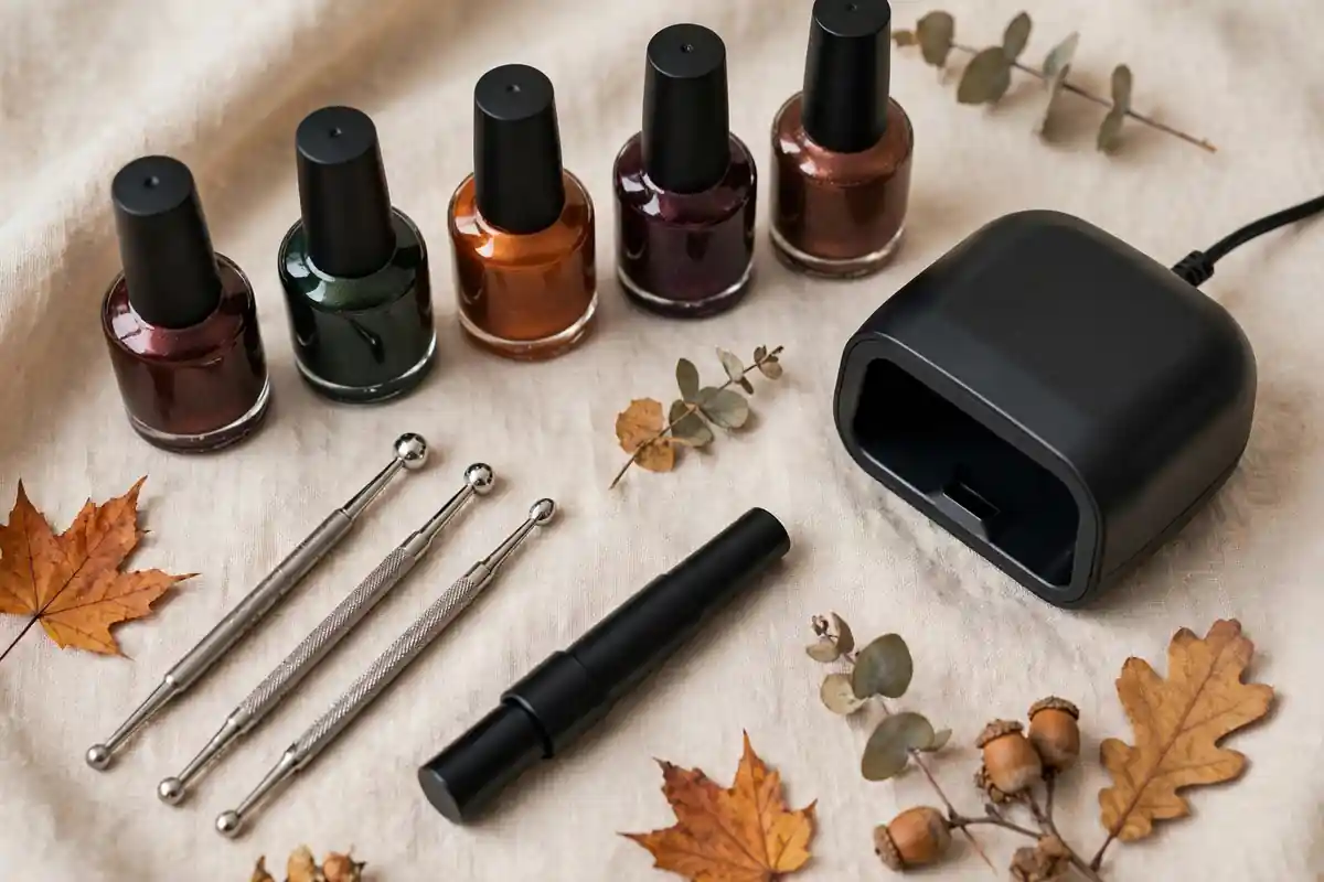 Flat lay of magnetic gel polishes, a cat eye magnet wand, dotting tools and a UV LED lamp for polka dot cat eye nails