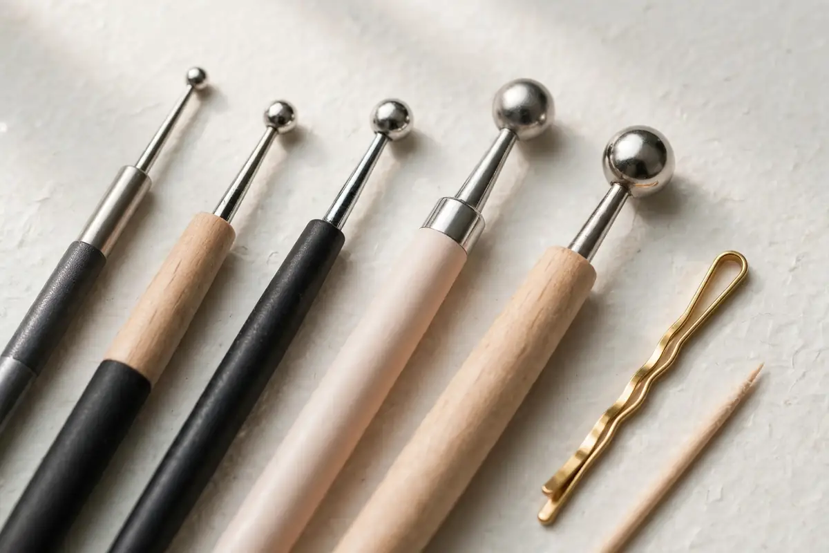 Dotting tools in different sizes next to a bobby pin and toothpick for DIY polka dot nail art