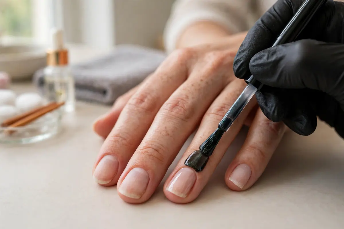 Applying the first coat of magnetic gel polish as the base for polka dot cat eye nails