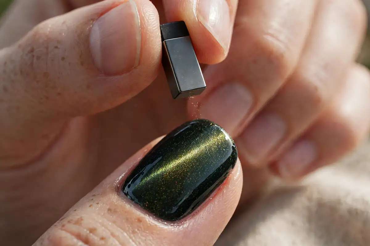 Holding a cat eye magnet just above a wet magnetic polish nail to pull the shimmer into a glowing line