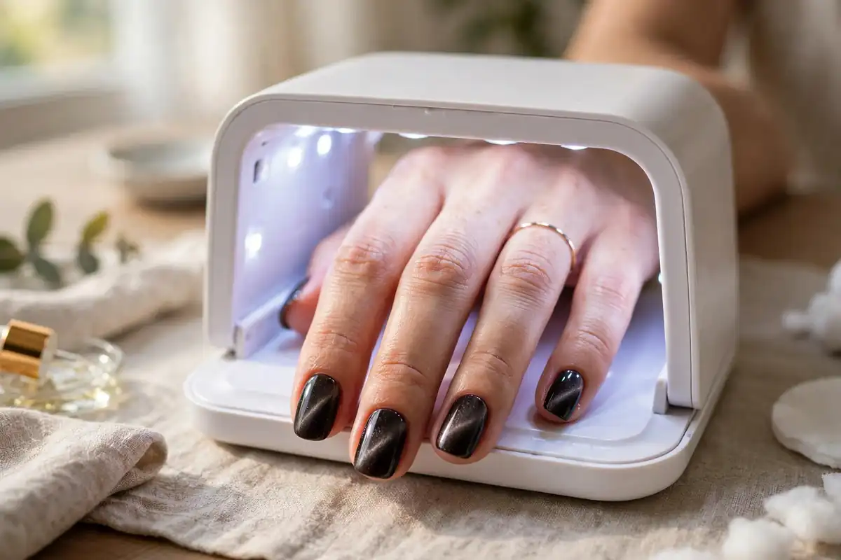 Curing a freshly patterned cat eye nail under a compact LED lamp to lock in the magnetic shine