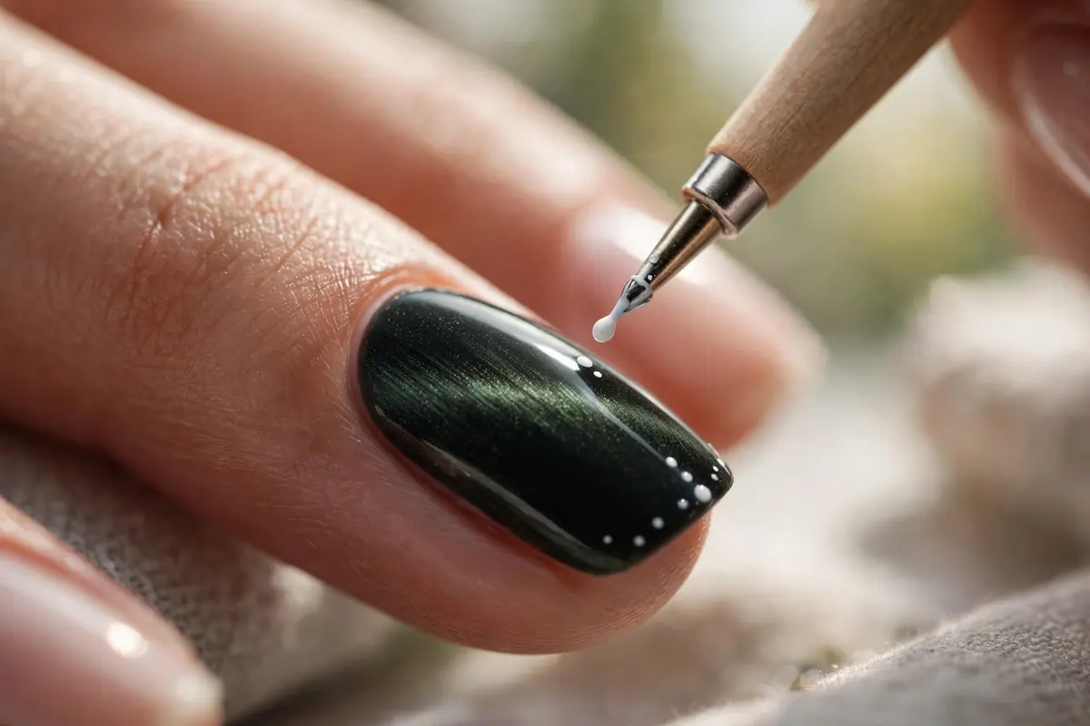 Placing neat polka dots over a cured cat eye base with a fine dotting tool