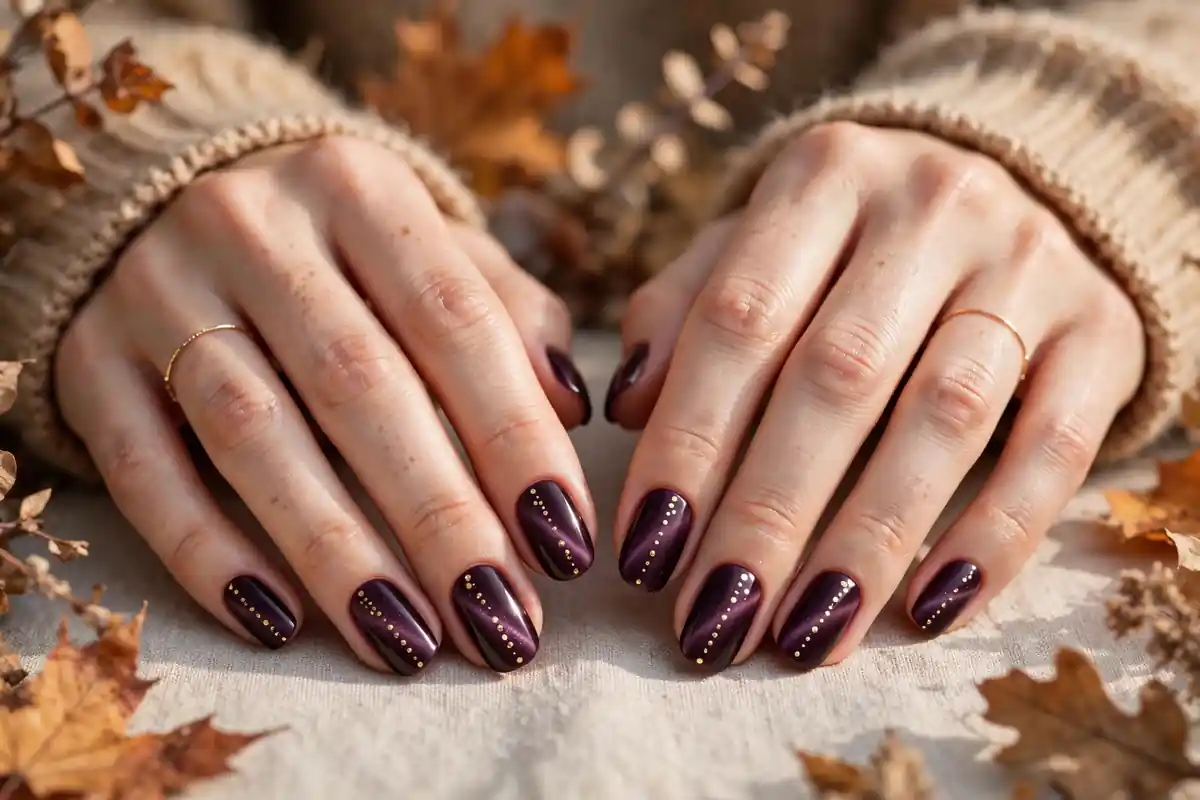Diagonal scatter pattern of gold polka dots over a plum cat eye manicure