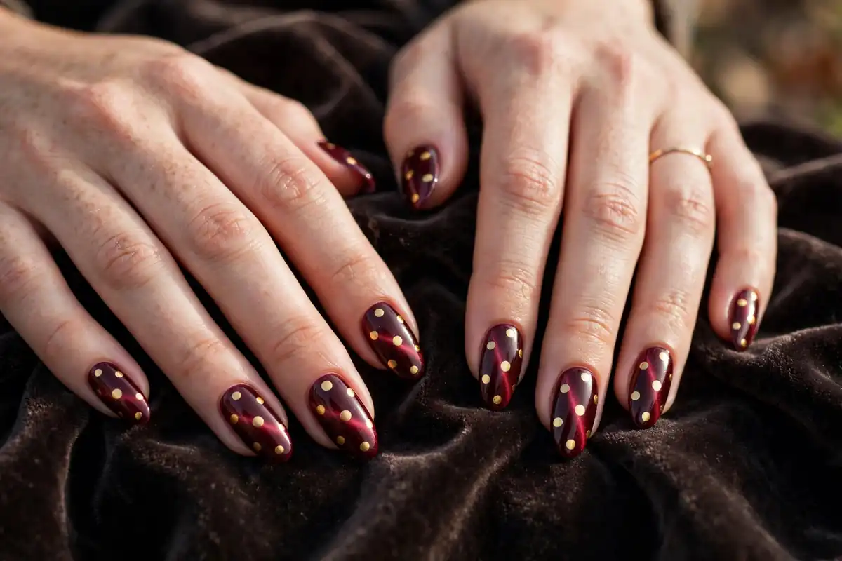 Burgundy polka dot cat eye nails with metallic gold dots and a velvet shine